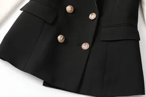 Black white colorblock double breasted blazer jacket with vintage gold lion buttons detail.