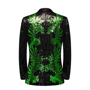 Men black sequin blazer green leaf pattern back detail party stage performance jacket