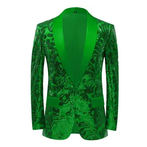Green sequin blazer detail, featuring shawl lapel, long sleeves and button closure.