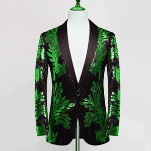 Detail of men's black suit jacket with vivid green sequin leaf pattern and satin shawl lapel.