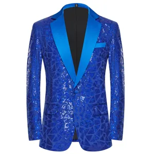 Men royal blue sequin suit jacket shiny blazer for party banquet performance stage wear