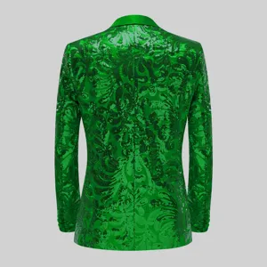 Men's green sequin slim fit casual suit jacket shawl lapel back view detail display