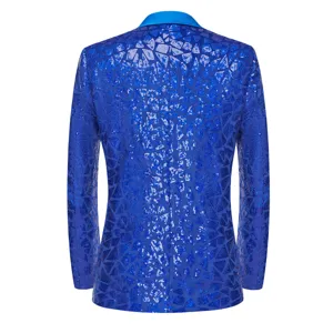 Detailed back view of a blue sequin blazer, showing geometric triangular sequin patterns.
