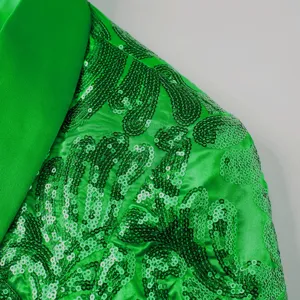 Close-up view of men's bright green sequin blazer fabric featuring elegant shawl collar design.