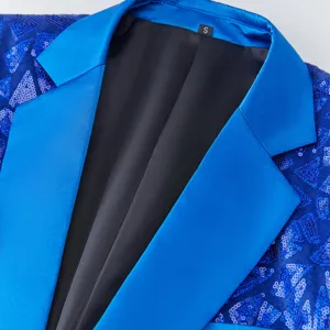 Close-up detail of men's blue sequin blazer lapel and lining, showing exquisite workmanship.