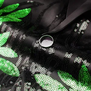 Detailed close-up of a men's sequin blazer featuring shiny green and black patterns.