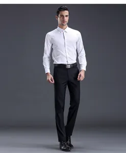 Detailed view of classic black men's suit trousers, professional slim fit design for daily wear.