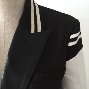 Women color block black white blazer jacket stylish contrast striped lapel outerwear top