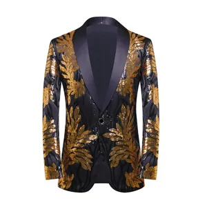 Men Sequin Blazer Jacket Glitter Floral Applique One Button Shawl Collar Suit Coat For Party Stage Performance