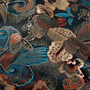 Gros plan détaillé d'un tissu jacquard vintage à motifs tissés traditionnels pour hommes.