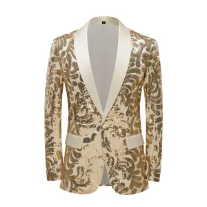 Men's gold sequin blazer with satin shawl lapel, slim fit party jacket for stylish evening events.