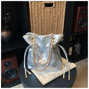 Silver quilted chain tote bag for women luxury designer style shoulder crossbody bucket bag