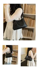 Black woven shoulder bag, trendy vintage underarm bag for women, chic design, daily casual chic.