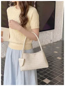 Retro Woven Shoulder Bag Women Elegant PU Leather Handbag Casual Underarm Bag Chic Purse