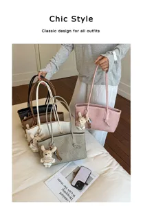 Chic large capacity tote bag with knitted bear pendant, stylish shoulder commuter bag for daily wear.