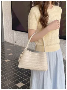 Elegant beige woven underarm bag for women, retro style handbag with top handle 2025
