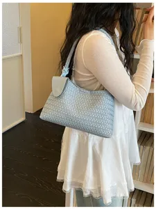 Light blue woven leather shoulder bag elegant women handbag stylish casual armpit bag