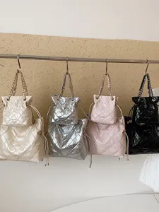 Chic quilted chain tote bag set with matching pouch, premium glossy crinkled leather design.