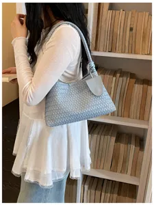 Light blue woven shoulder bag, elegant underarm bag with texture for daily casual wear.