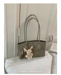 Casual large capacity tote bag with cute knitted bear pendant commuter shoulder bag style