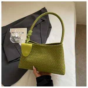 Green woven leather shoulder bag retro underarm handbag stylish casual daily tote