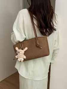 Casual large capacity brown tote bag for women stylish shoulder bag with cute plush keychain