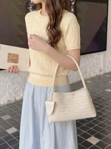 Retro woven shoulder bag for women, stylish intrecciato design casual handbag, chic daily tote.