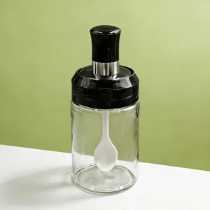 Barattolo per Spezie in Vetro Contenitore per Condimenti Trasparente Con Coperchio Cucchiaio Integrato Bottiglia di Conservazione per Cucina Moderna e Minimalista