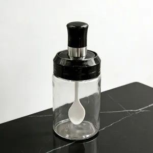 Barattolo per spezie in vetro con coperchio e cucchiaio integrato per cucina domestica
