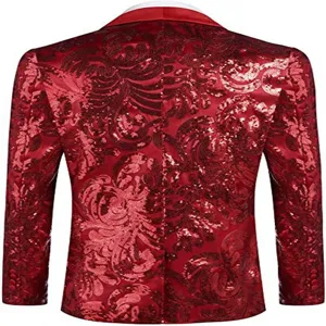 Detailed rear view of men red sequin blazer jacket, stylish stage party suit top.