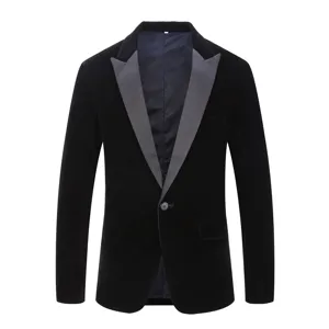 Men's black velvet blazer jacket featuring contrasting shawl lapel for formal party events.