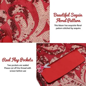 Close-up view of red sequin floral pattern and pocket details on men's fashion blazer jacket.