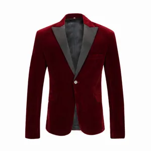 Men's Velvet Blazer Shawl Lapel Singer Performance Suit Jacket Acrylic Single Button Slim Fit Wine Red Blue Party Tuxedo Groom Wedding Dinner Wear