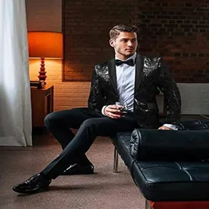 Men's black sequin blazer tuxedo jacket stylish slim fit evening party stage prom suit top
