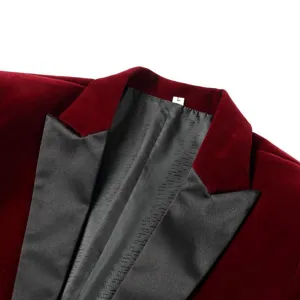 Men's burgundy velvet suit jacket with black shawl lapel for formal events and party.