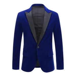 Men's royal blue velvet blazer jacket with black shawl lapel single button design for formal events.