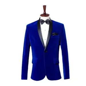 Men's royal blue velvet tuxedo blazer jacket with black shawl lapel for formal events and parties.