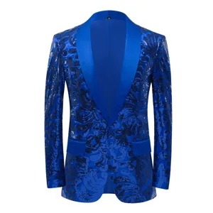 Men's royal blue sequin blazer slim fit tuxedo jacket with satin shawl lapel party wear.