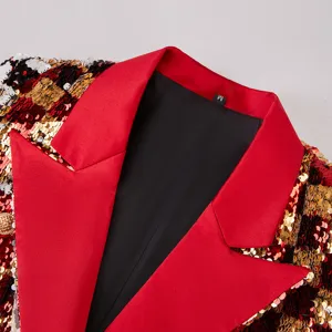 Chaqueta blazer de lentejuelas para mujer con solapa roja, ropa de fiesta brillante y elegante.