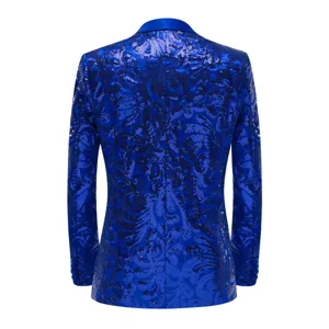 Back detail view of a royal blue sequin blazer showcasing intricate pattern and shawl lapel.