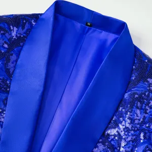 Detail view of men royal blue sequin blazer lapel collar texture stage party suit jacket