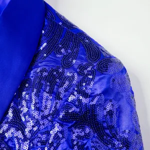 Men's royal blue sequin blazer detail, luxury stage performance party suit jacket upper.