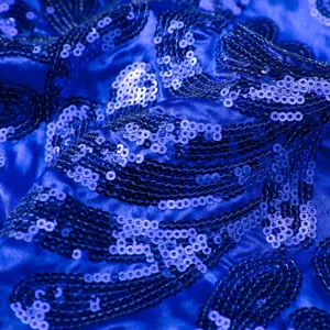 Royal blue sequin fabric detail of men's suit jacket for stage performance and party wear.
