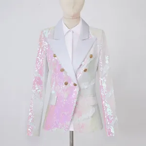 Mujer brillante lentejuelas blazer cruzado elegante fiesta chaqueta metálica top