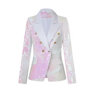 Chaqueta blazer mujer lentejuelas rosa blanca cruzada elegante brillante fiesta moda chic