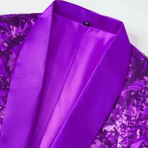 Close-up detail of purple sequin men suit jacket satin shawl lapel fashion apparel