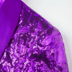 Men purple sequin blazer detail shot, stylish slim fit suit jacket lapel closeup view.