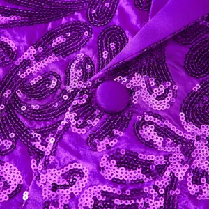 Men's purple sequin slim fit blazer detail view, fashionable shawl lapel casual suit jacket.