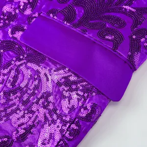Detail shot of purple men's sequin suit jacket showing intricate embroidery and satin lapel texture.