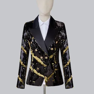 Chaqueta blazer de lentejuelas negro y dorado de lujo para mujer con solapa de satén.